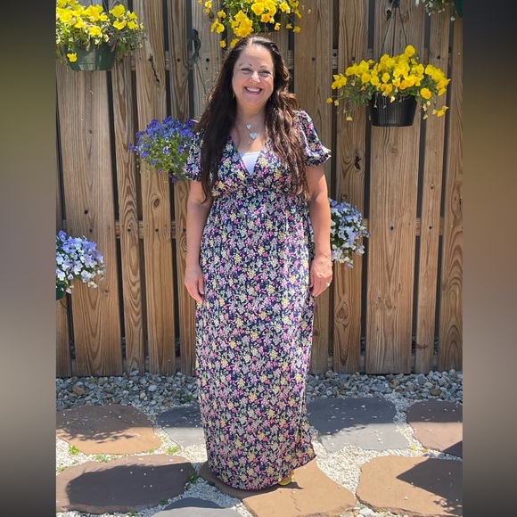 Floral print maxi dress short puff sleeves v-neckline empire waist side slits L - Picture 4 of 8